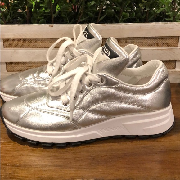 New PRADA Metallic Nylon Lace-Up Trainer Sneakers - Picture 2 of 4